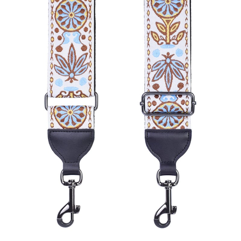 CLOUDMUSIC Banjo Strap Guitar Strap For Handbag Purse Jacquard Woven With Leather Ends And Metal Clips(Vintage Patten In White) - Image 2
